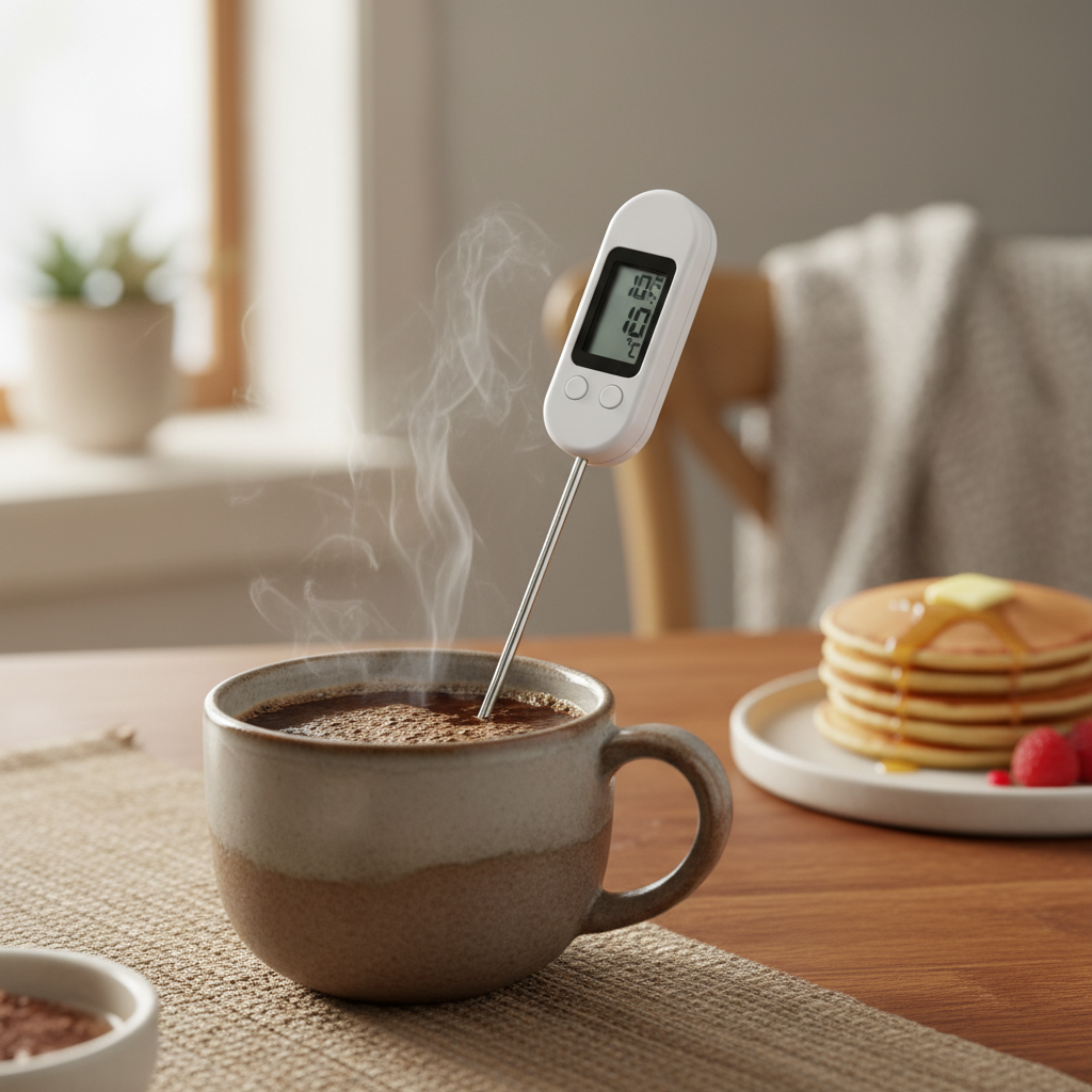 Digitale thermometer in een dampende kop koffie