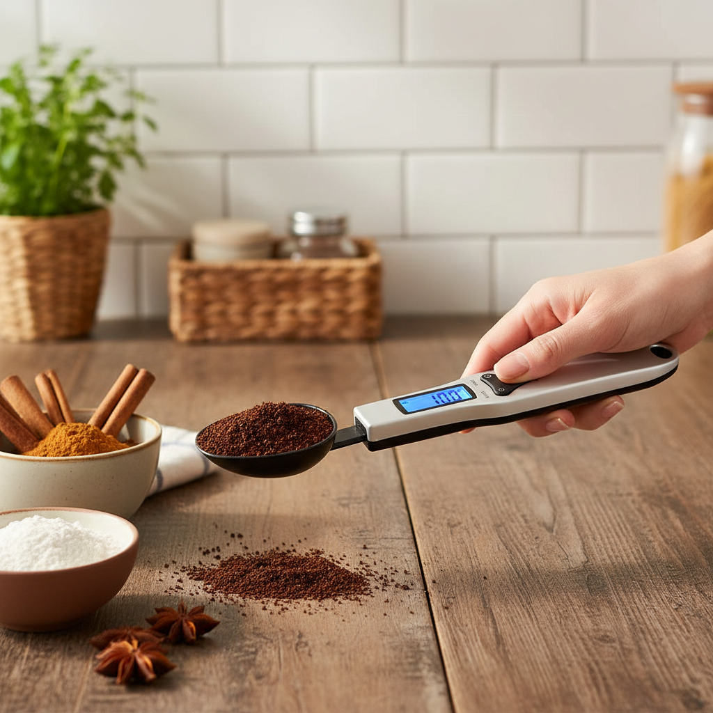 Digitale maatlepel weegschaal met kruiden in een gezellige keuken